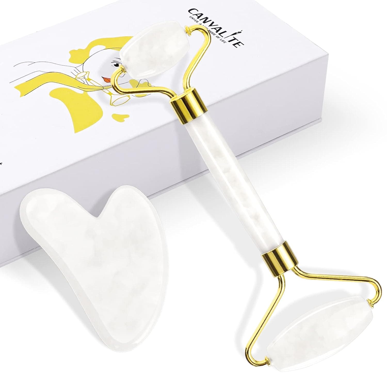 CANVALITE Jade Roller Facial Gua Sha Set, 100% Real Natural Jade Face Roller and Gua Sha Massage Skin Care Tool - Anti Aging Jade Face Massager Facial Roller for Eye, Neck and Body