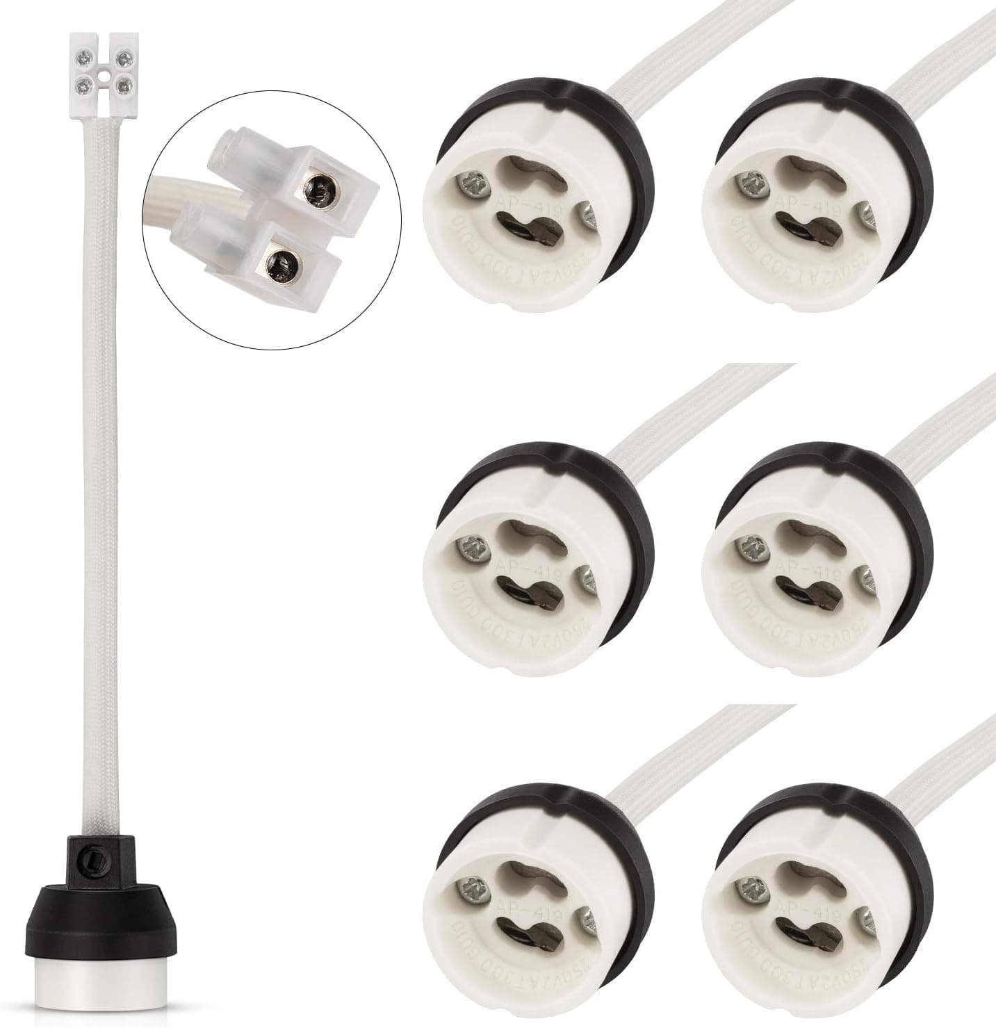 DiCUNO GU10 Ceramic Socket Lamp Holder, 15CM Long Wire Bulb Holder for GU10 Spotlight Bulbs, 6 Pack
