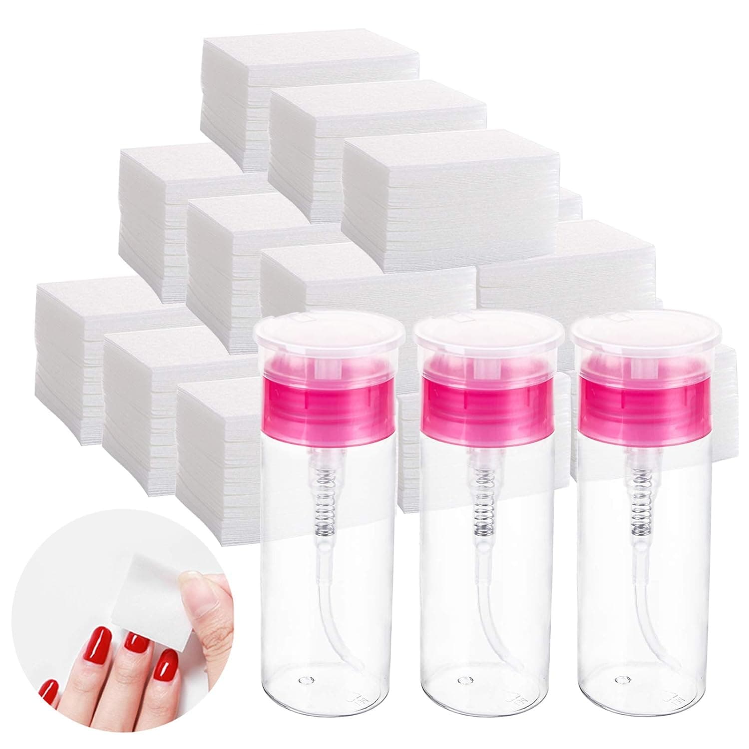 Jucoan 2100 PCS Nail Polish Remover Cotton Pads, Lint Free Nail Wipes, Disposable Nail Cotton Pads with 3 PCS 3.5oz Pump Dispenser Bottles for Acrylic Nail Remover