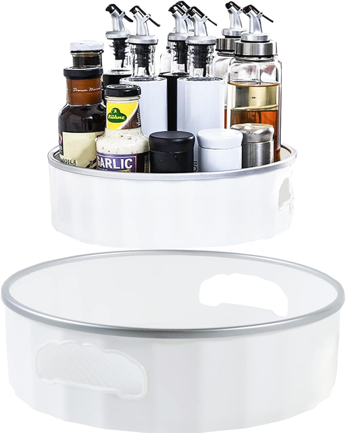 WUWEOT 2 Pack Non-Skid Lazy Susan Storage Turntable, Plastic Cabinet Organizer Containers for Pantry, Countertop, Shelf, Table, Vanity, Bathroom, 9-Inch and 12-Inch, White