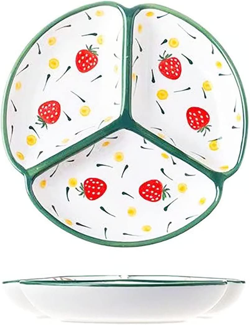 Bicuzat 1 PCS Ceramic Portion Control Plate Divided Plate Dessert Dish Salad Plate Dinner Plate for Kids and Adults-8 Inch-Sweet Strawberry