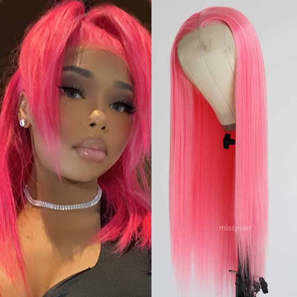Missyvan Lace Front Wig Long Straight Pink Hair Wig Mix Pink Red Color Synthetic Hair Light Pink Hair Glueless Lace Wigs Heat Resistant Hair Natural Hairline