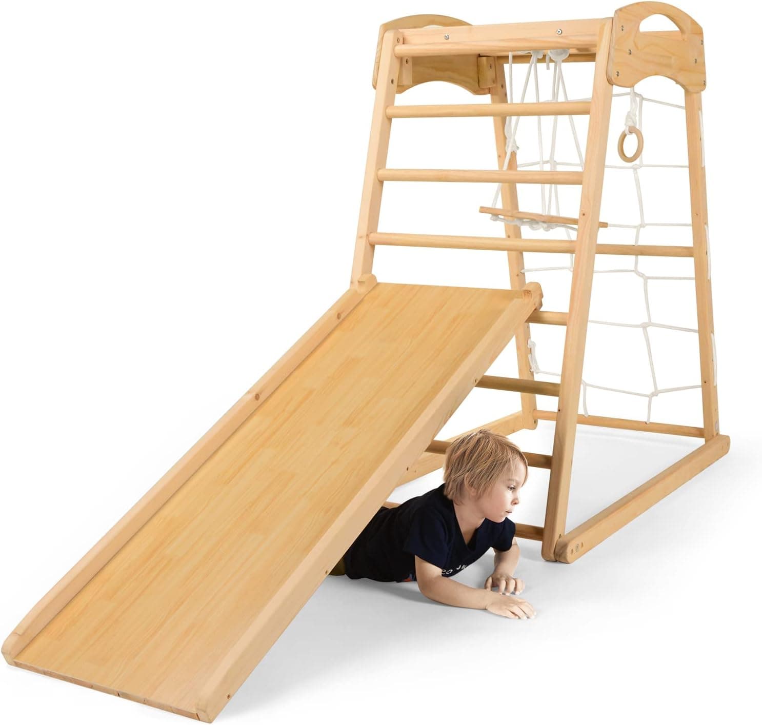 Indoor Playground Toddler Wood Toys Playset 6-in-1 with Jungle Gym, Triangle Climber Ramp, Slide, Swing, Monkey Bars, Rope Ladder for Kids Ages 1-6 yrs