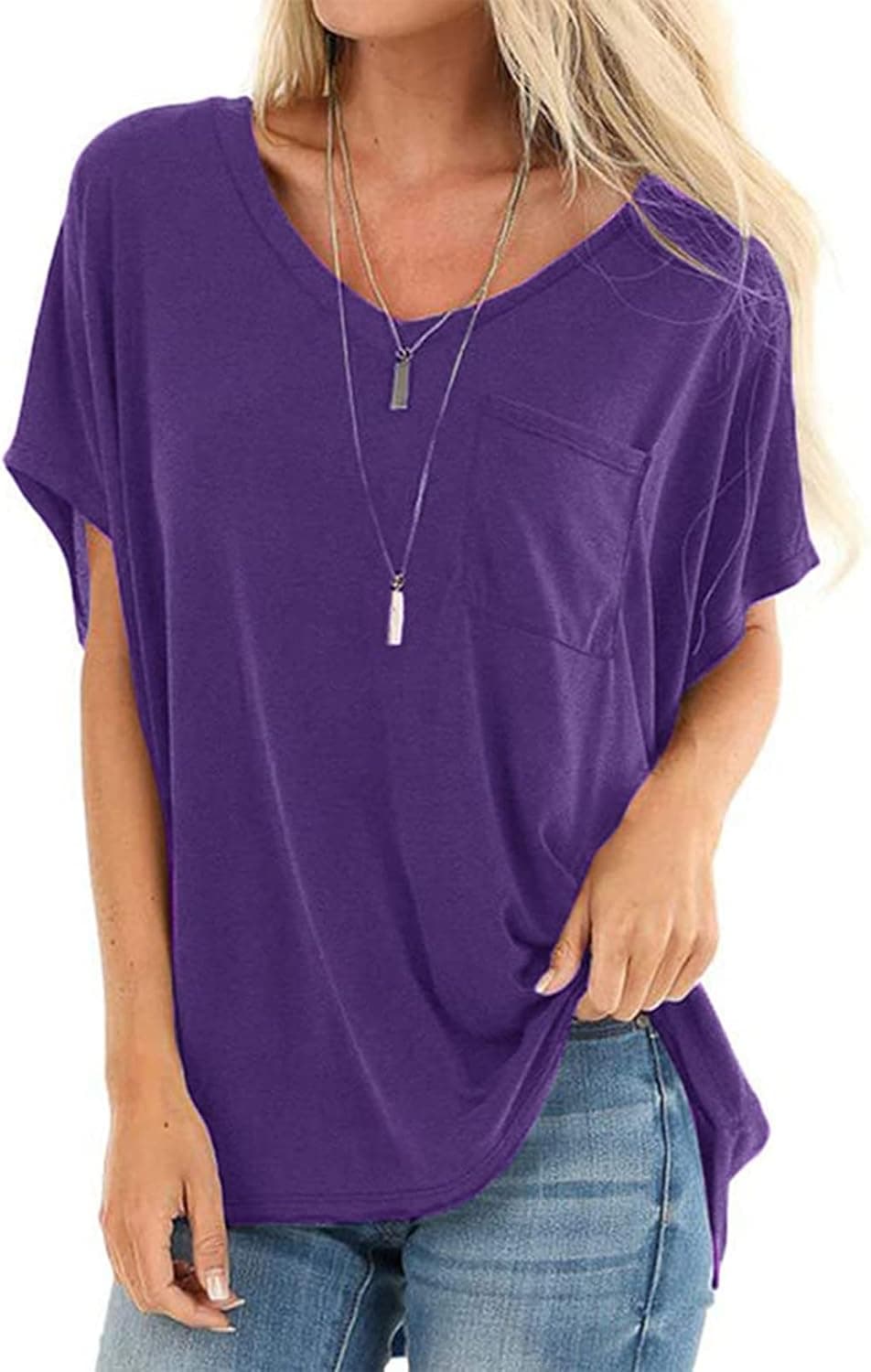 Womens V Neck T Shirts Short Sleeve Summer Basic Tunic Tops Casual Loose Cotton Tee with Pocket