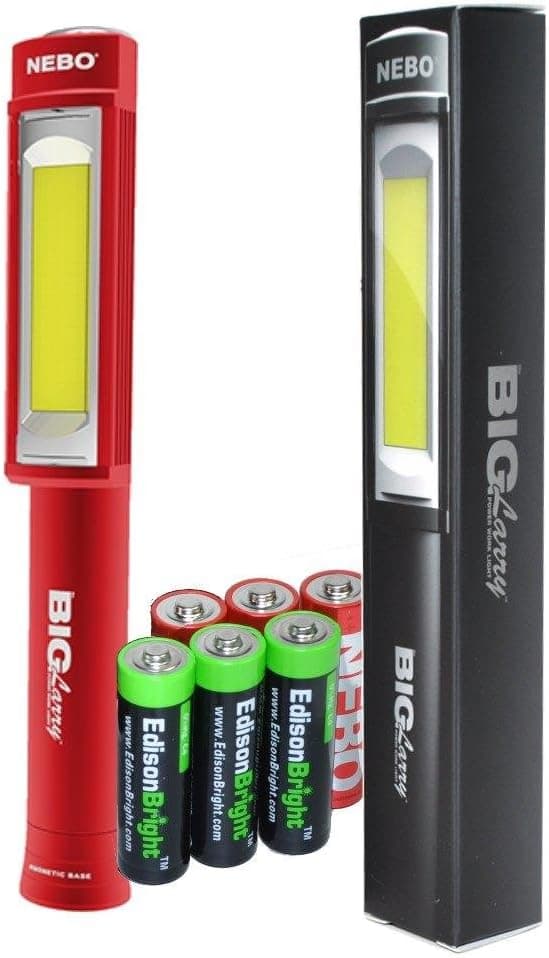 Nebo 6413 Big Larry Red 400 lumen Flashlight COB LED Magnetic Worklight with 3 X EdisonBright AA Alkaline batteries bundle