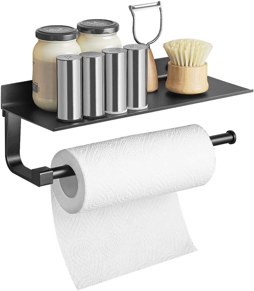 Hoimpro Paper Towel Holder Wall Mounted for Kitchen 13 Inch, Bathroom Tissue Roll Hanger with Mobile Phone Storage Shelf,Space Aluminum, Wall Mount with Screws, Matte Black