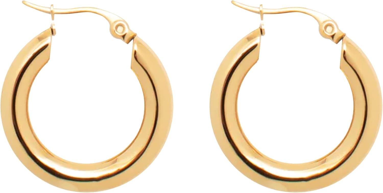 Hey Harper Phi Phi 14k Gold Plated Round Hoop Earrings for Women, Set of Mini Huggie Hoops with Stainless Steel - Perfect for Everyday Wear