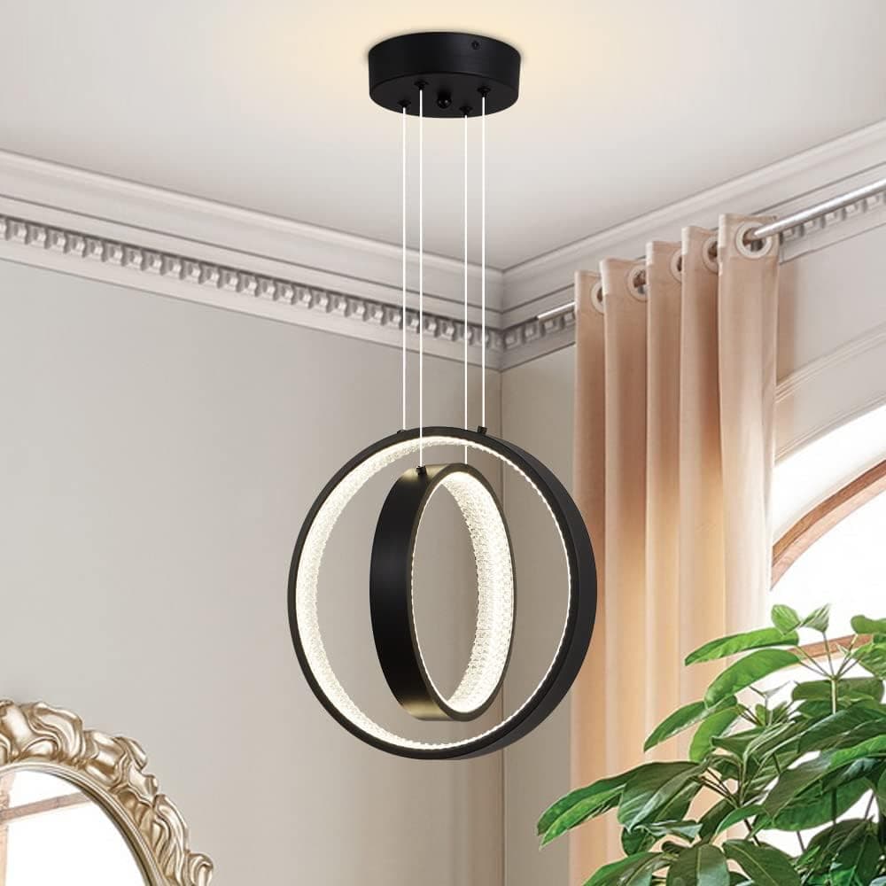 Vaziden Black Modern Chandelier 2 Ring Pendant Light Acrylic 34W 4000K Height-Adjustable Modern LED Chandelier for Dining Room Living Room Bedroom Kitchen Island Foyer Stairway