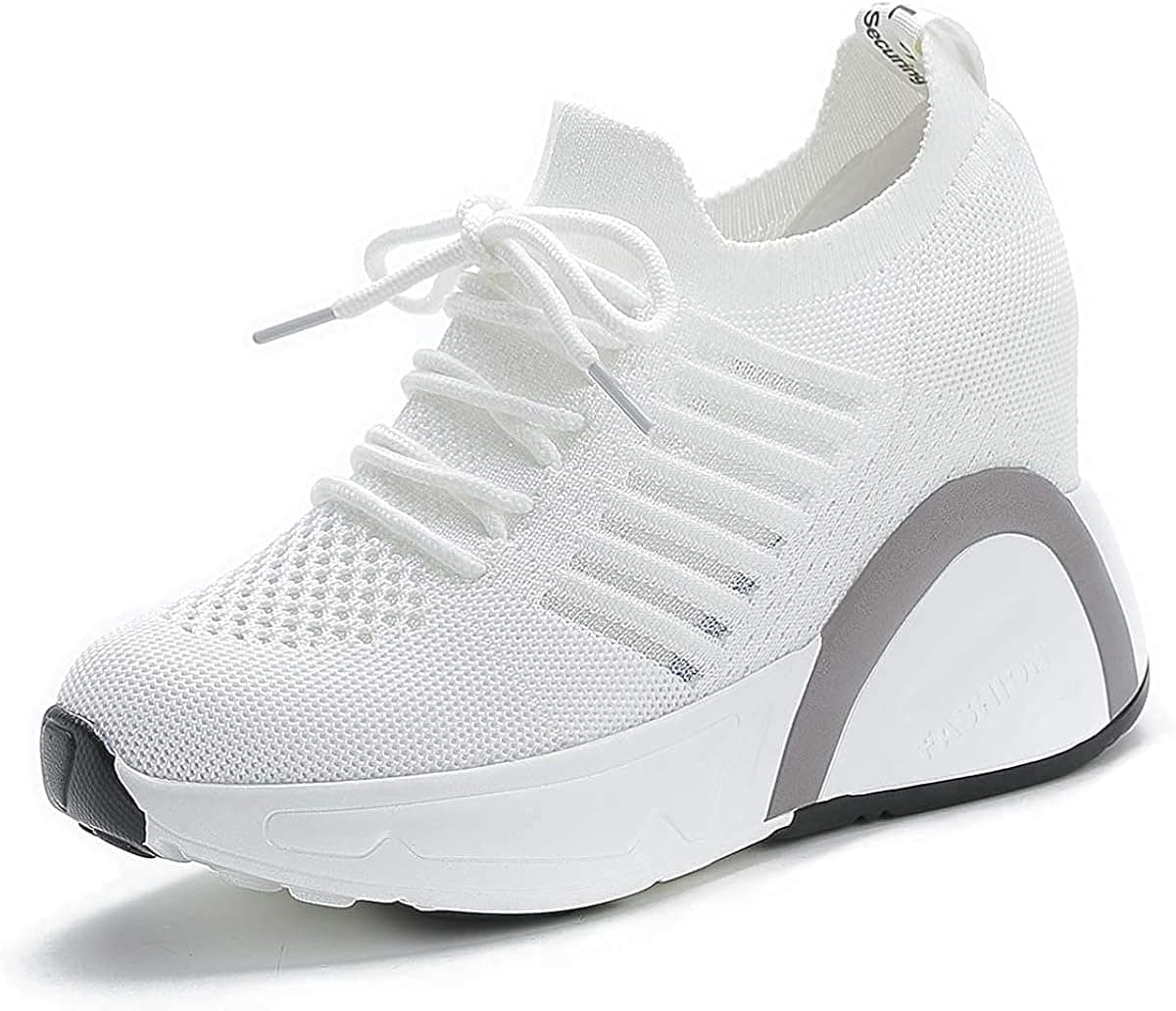 AONEGOLD Womens Luminous Platform Sneakers Wedges high-top lace-up Shoes to Increase Fashion Sneakers Invisible Height Increase Lightweight Casual Sneakers for Girls 58White 35