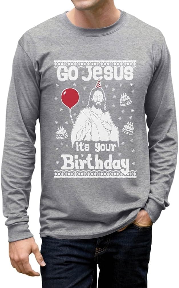 Tstars Go Jesus It's Your Birthday Sweater Style Ugly Christmas Men's Long Sleeve Shirt Medium Gray