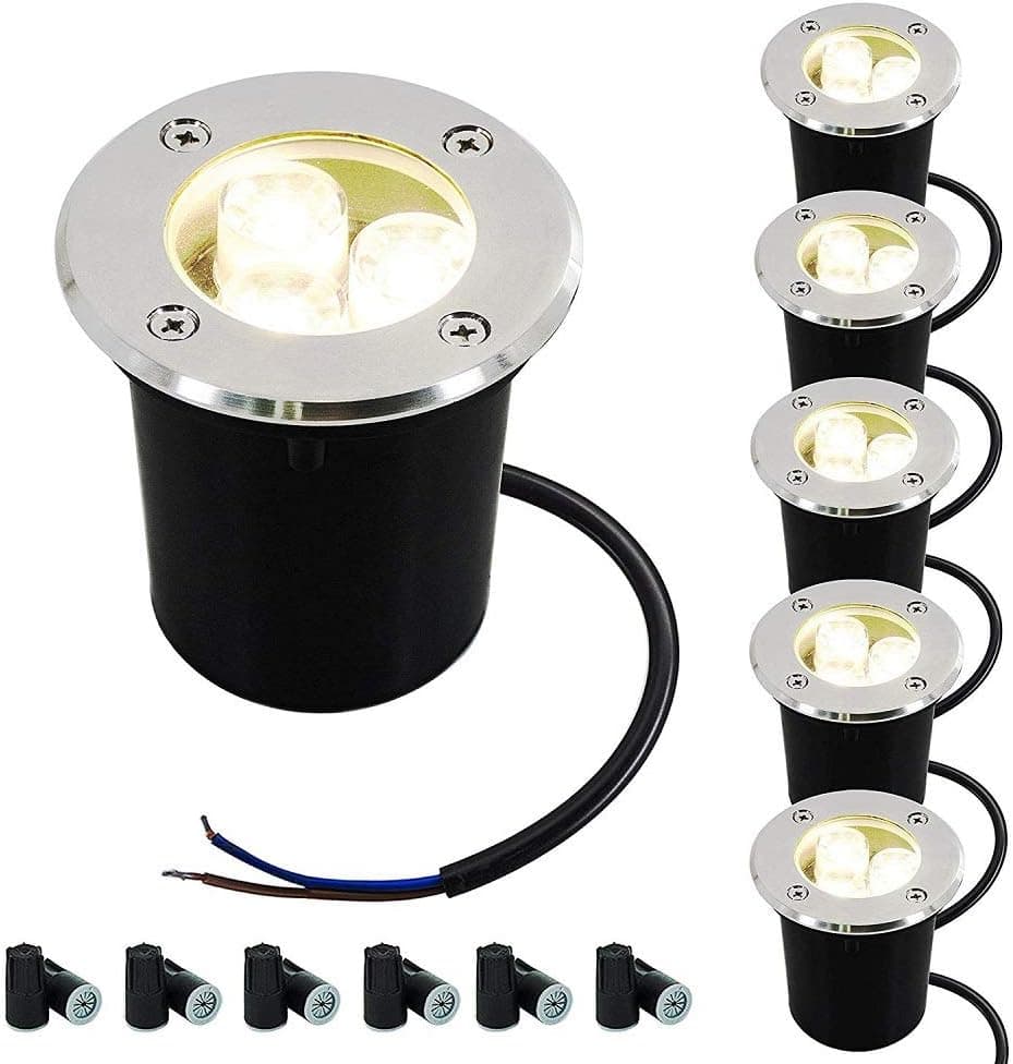 JESLED 3W LED In Ground Well Lights, 12V 3000K Warm White, Low Voltage Landscape Lighting, IP67 Waterproof Outdoor Garden Pathway Lights for Driveway, Deck, Yard Tree, with Wire Connectors (6 Pack)