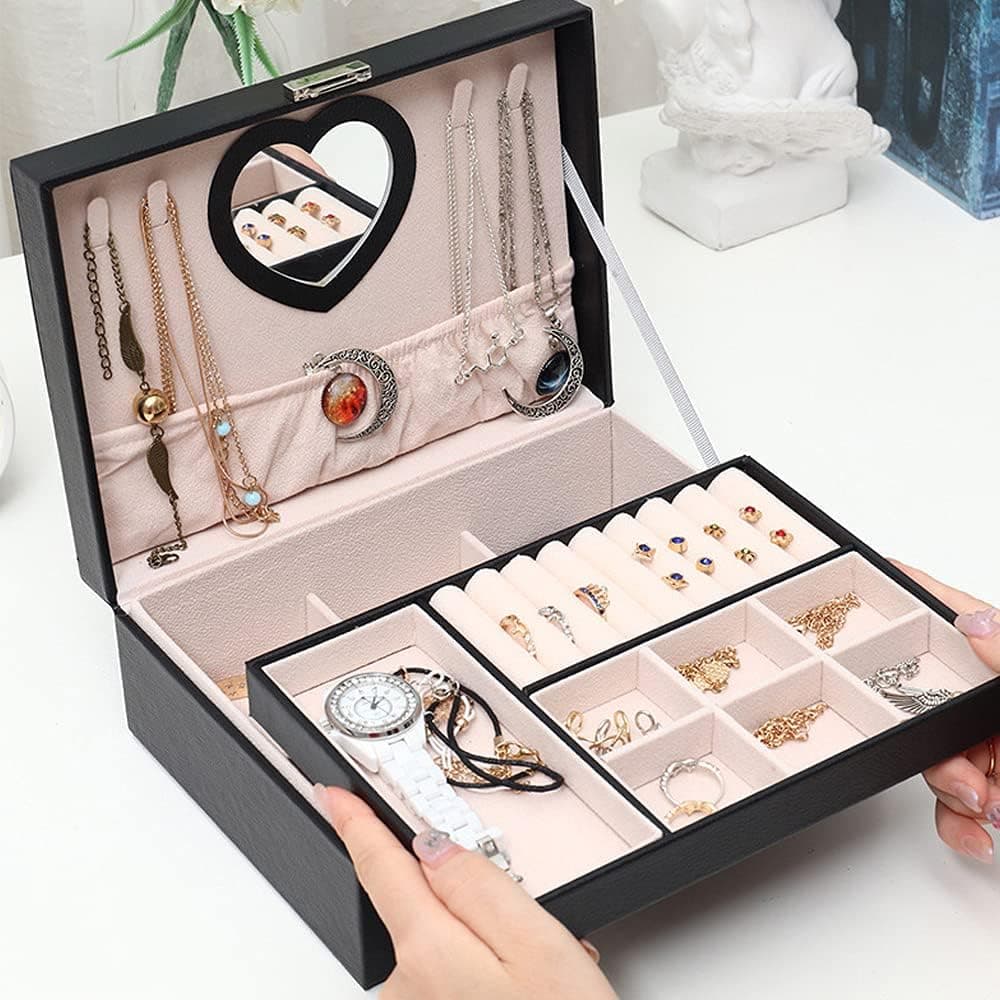 KUIRUNRX Women's Jewelry Box, 2 Layers Jewelry Organizer Storage with Lock PU Leather Display Jewel Holder with Removable Tray for Necklace Earrings Rings Bracelets Watches-Black