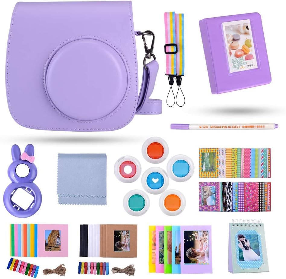 Famall Instant Mini 9 Camera Accessories Bundle Compatible for Fujifilm Mini 9/Mini 8+/Mini 8 Camera. Includes Mini 9 Case/Album/Selfie Lens/Filters/Wall Hang Frames,etc (Purple，13 Items)