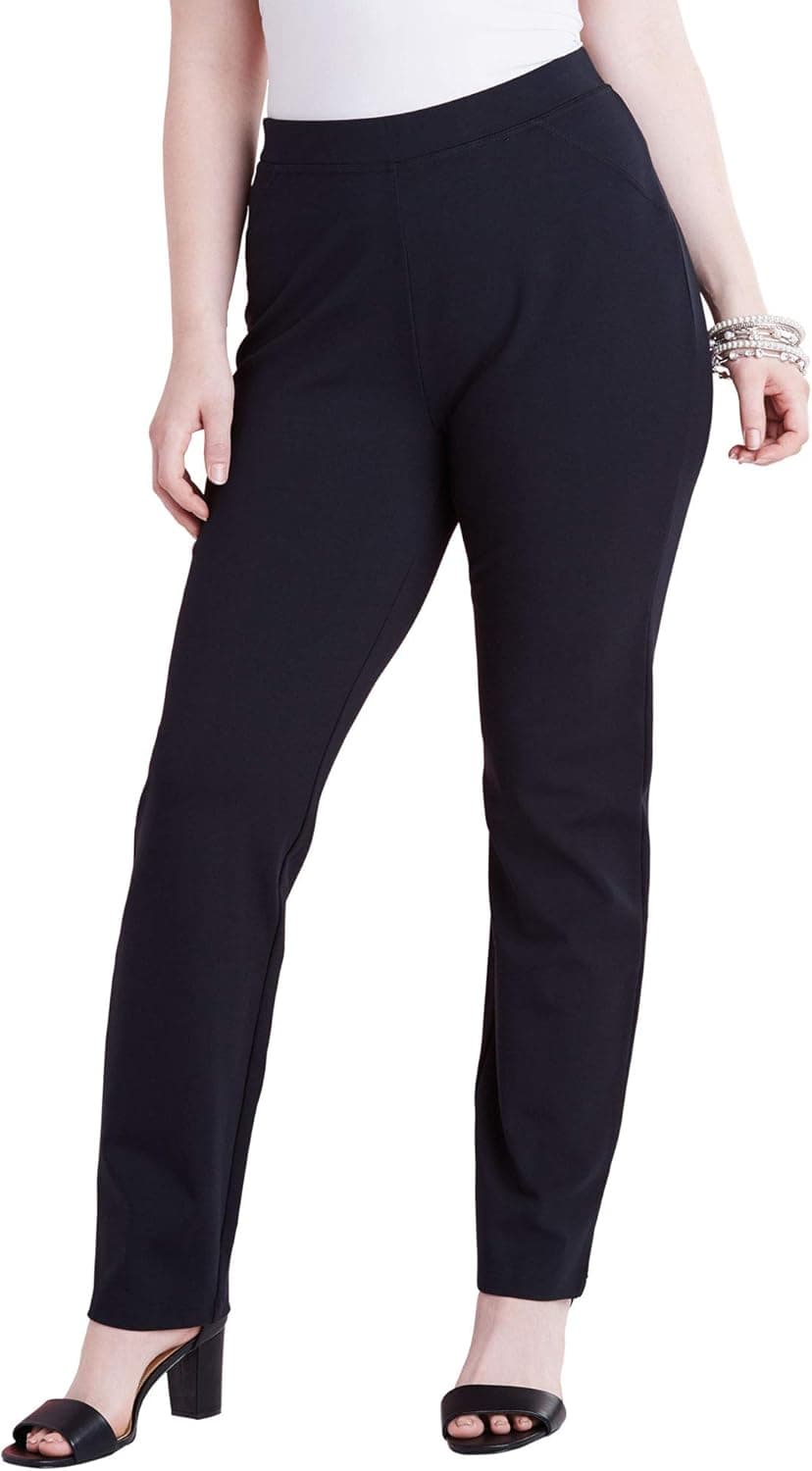 Roamans Women's Plus Size Straight-Leg Ultimate Ponte Pant Pull-On Stretch Knit Trousers - 20 W, Black