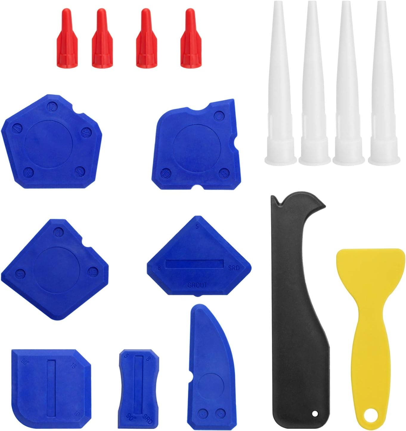 17 Pieces Caulking Tool Kit, Silicone Sealant Finishing Tool Grout Scraper Caulk Remover and Caulk Nozzle and Caulk Caps for Bathroom, Kitchen, Room Sealing