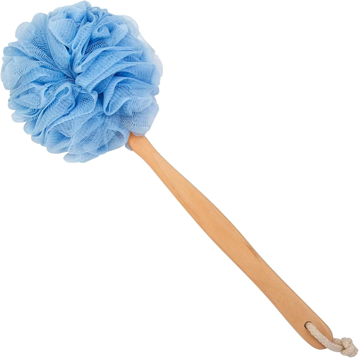 Arswin Loofah Back Scrubber for Shower, Wooden Long Handle Bath Sponge Lufa Shower Brush, Soft Nylon Mesh Back Cleaner Washer, Women & Men Exfoliating Luffa Pouf on a Stick for Body (Blue)