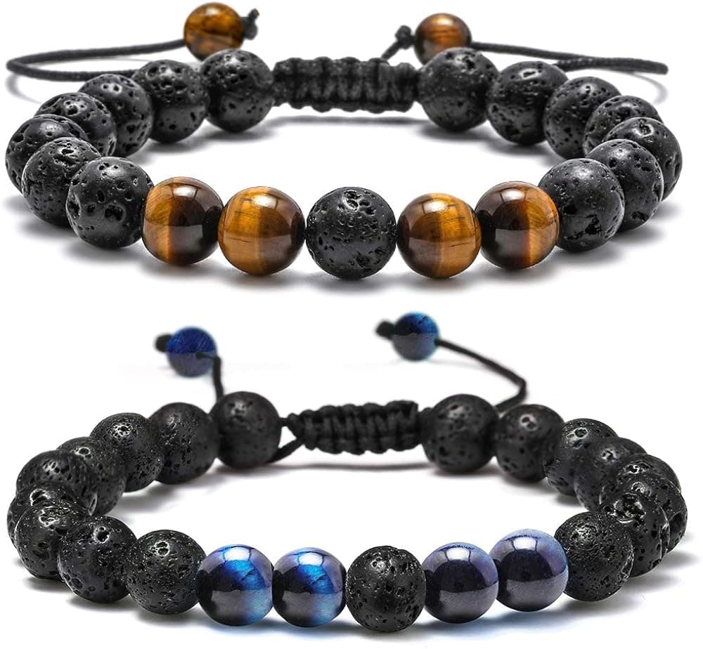 M MOOHAM Lava Rock Bracelet - 8mm Stone Tiger Eye Bracelet Lava Rock Bracelet, Stress Relief Yoga Beads Adjustable Bracelet Anxiety Aromatherapy Essential Oil Diffuser Healing Bracelet for Men Women