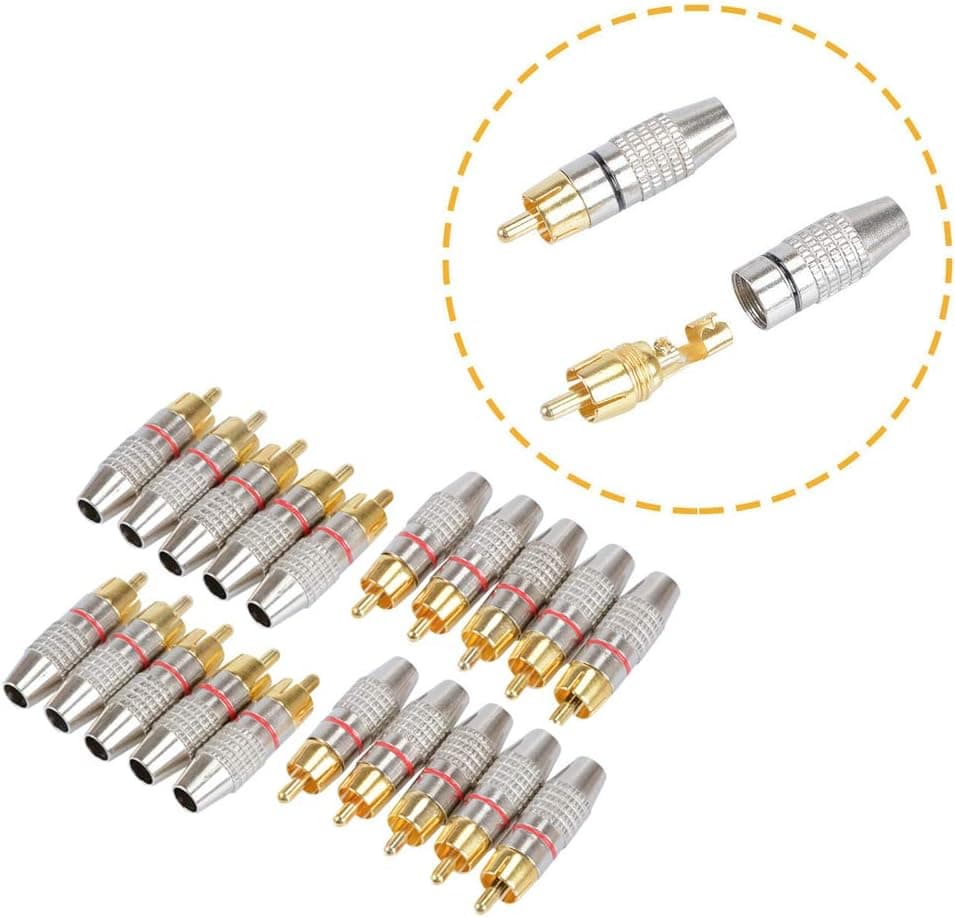 Wixine 20Pcs RCA Male Plug Adapter Solder Audio Video Phono Cable Connector Gold Plated