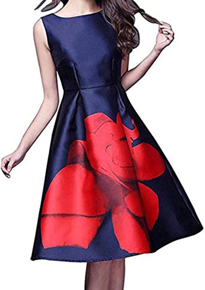Zecoo Elegant Women Rose Printed Sleeveless High Waist Long Prom Vest Dress 019