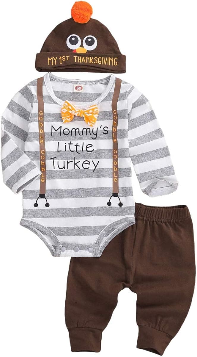 Newborn Baby Boys Girls Thanksgiving Outfit Stripe Long Sleeve Romper+Turkey Hat+Pant 1st Thanksgiving Clothes