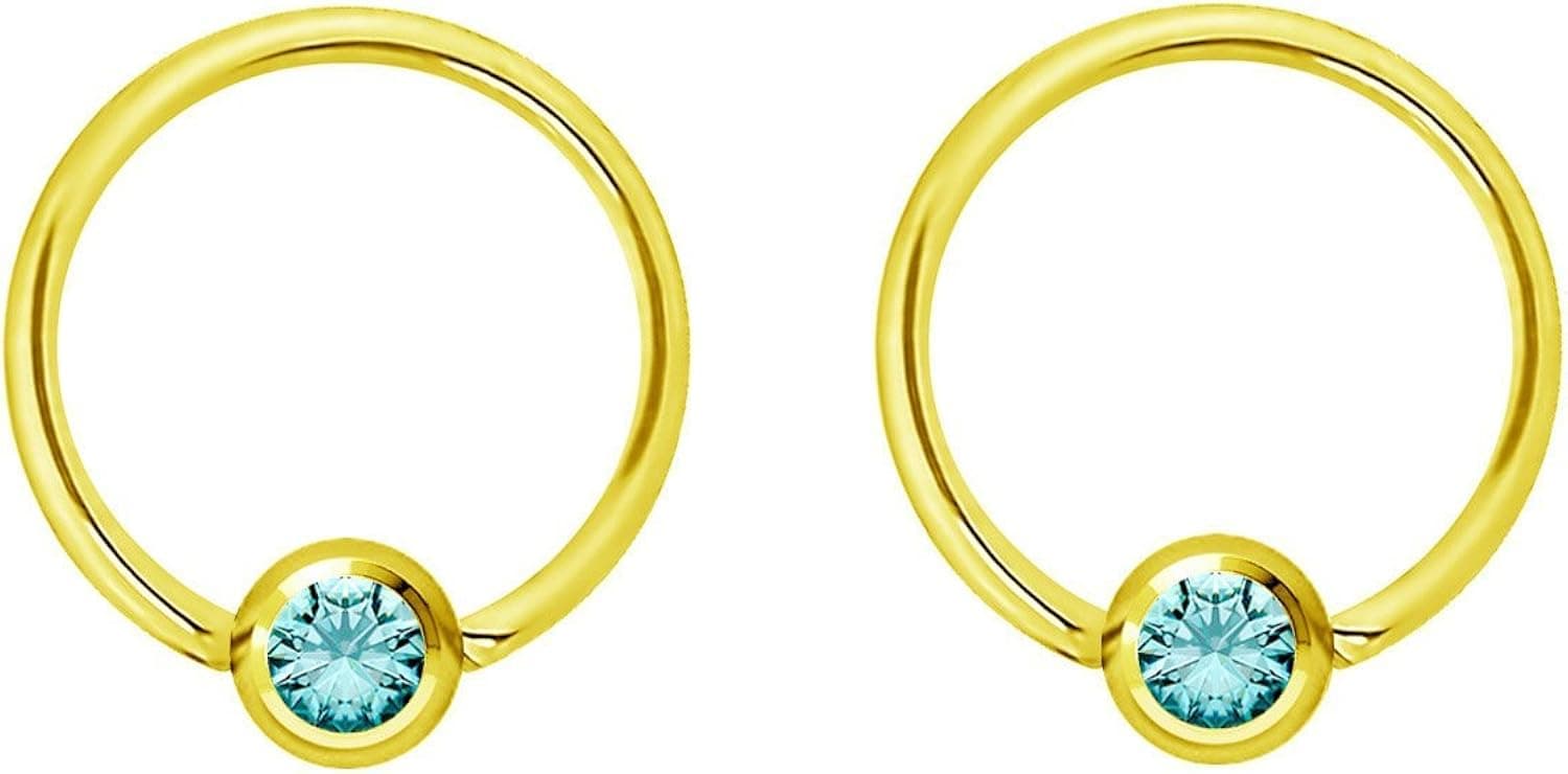 Pair 14g-20g Gold & Rose Gold Tone Surgical Steel CZ Gemmed Captive Bead Body Piercing Hoops (2pcs)