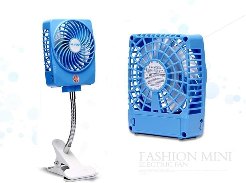 Niceshop Mini Handheld Square Electrical Portable Rechargeable Fan 3 Speeds Desktop Clip-on Fan Summer Cooler Fan Power Bank Fan LED Lights with Clip Base Battery and USB Cable (Blue)