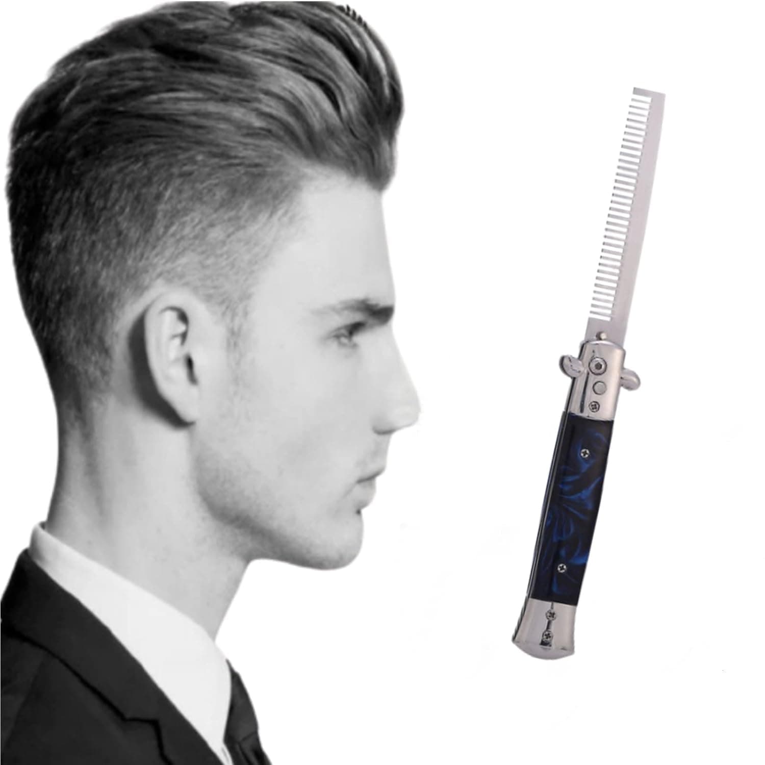 Pocket Folding Flick Hair Comb, Switchblade Comb 4 Colors Switchblade Spring Folding Knife Push Button Pocket Comb Oil Hair Styling for Hair Beard or Mustache Stocking Stuffers(Blue)