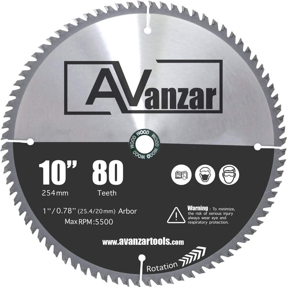 AVANZAR 10 inch 80 Tooth Wood Cutting Circular Saw Blade with 1'' Arbor Size