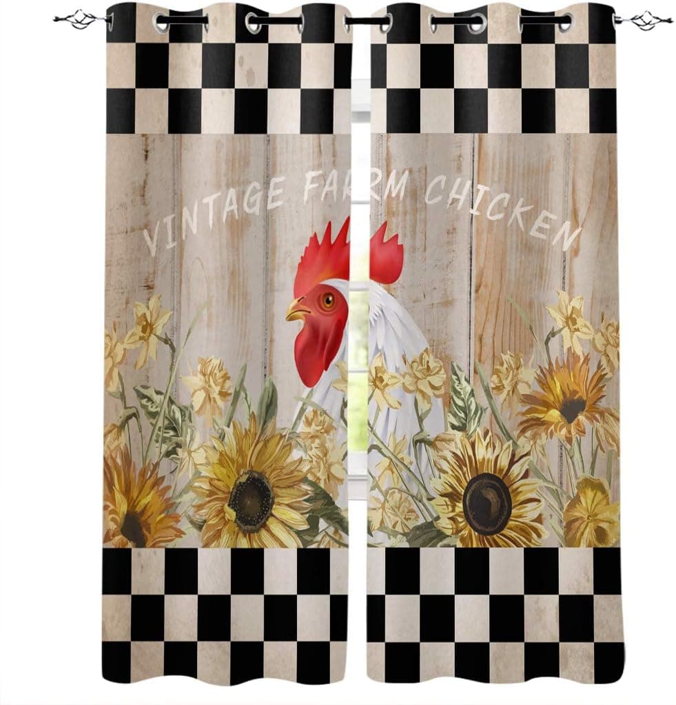 Buffalo Plaid Rooster Sunflower Wood Grain Home Decor Window Curtains - Window Treatment Set with Silver Grommet | Window Covering for Kitchen Cafe Living Room (2 Panel Drapes, 55"W x 39"L）