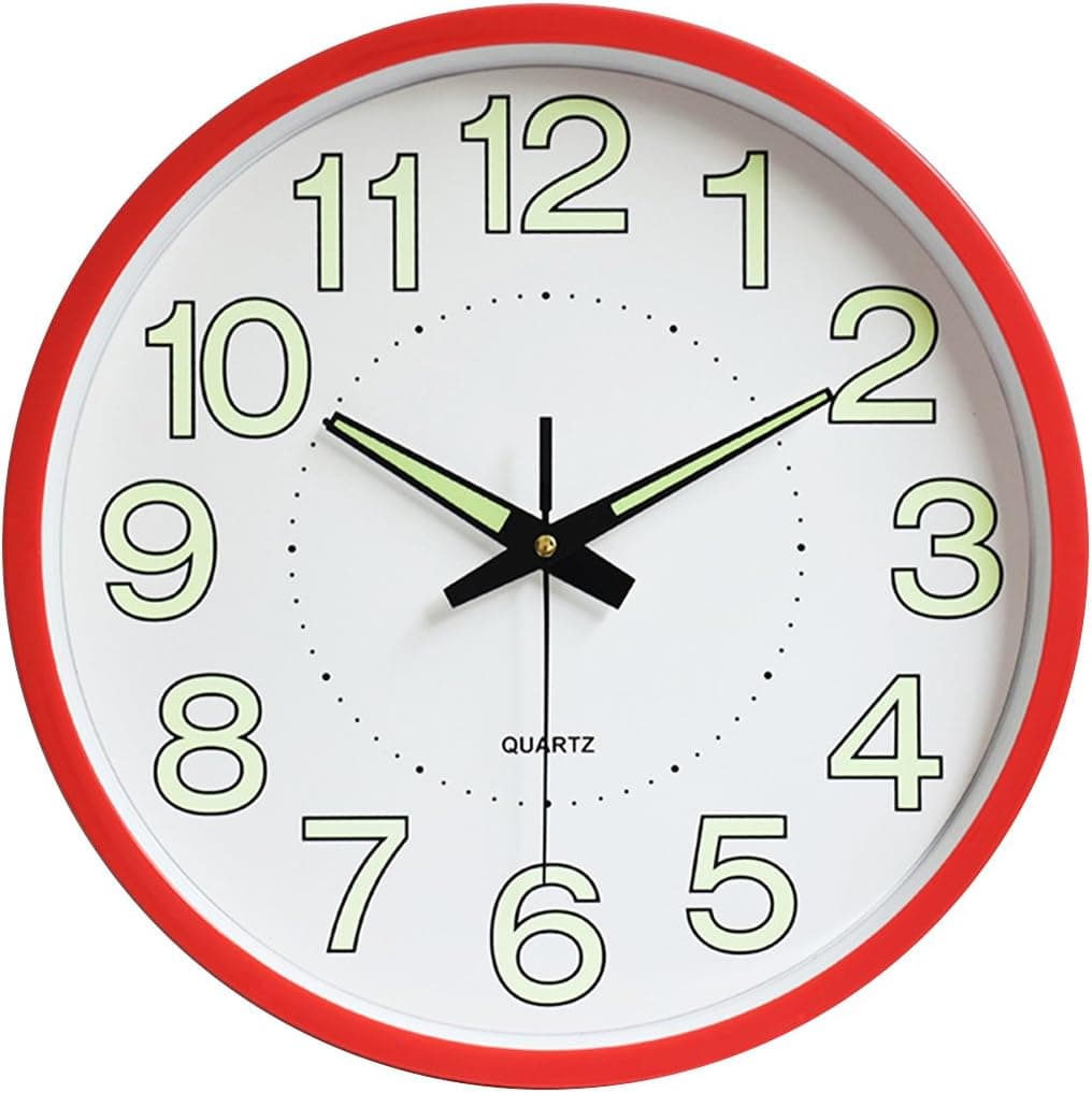 Jeteven 12 Inch Large Wall Clock Night Light Function Silent Non-Ticking Quartz Battery Operated Large Number Luminous Wall Clock for Kitchen Living Room Office Bedroom Decor (Red)