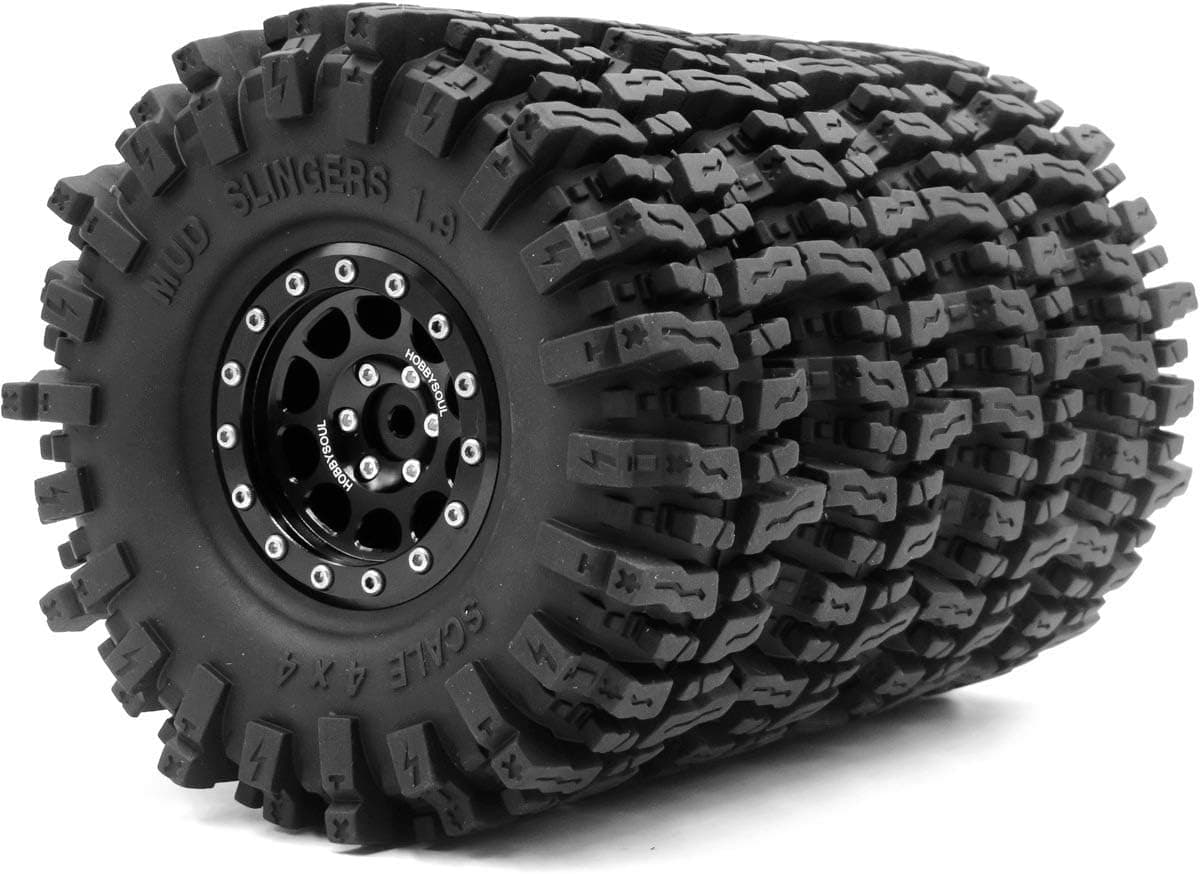 4pcs RC 1.9 Mud Slingers Tires Super Grip Tyre Height 120mm / 4.72inch & 1.9 Beadlock Wheel Rim Hex 12mm Black Color