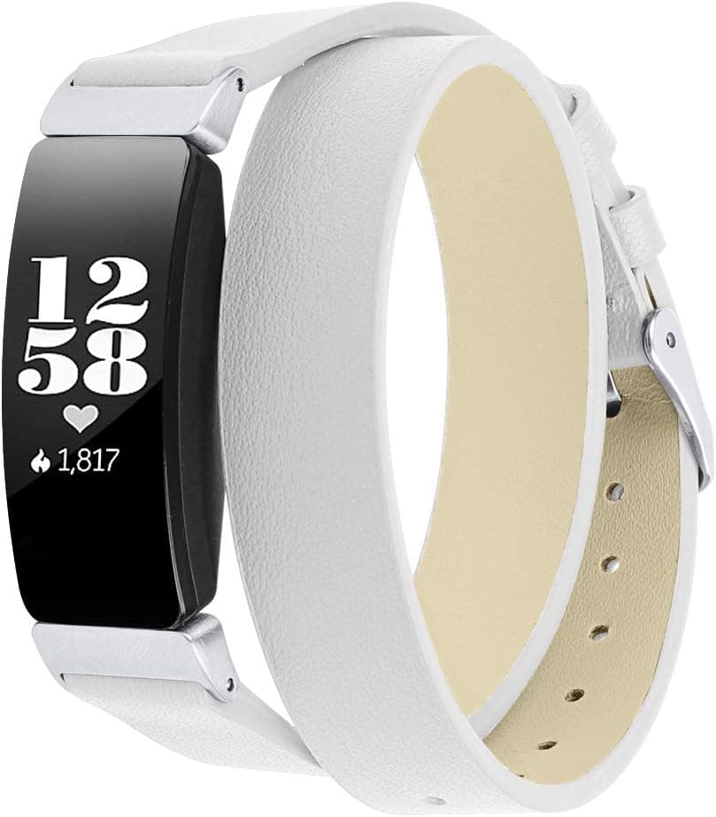 Aresh Compatible with Fitbit Inspire HR Band, Double Wrap Leather Replacement Wristband for Fitbit Inspire/Fitbit Inspire HR Fitness Tracker (White)