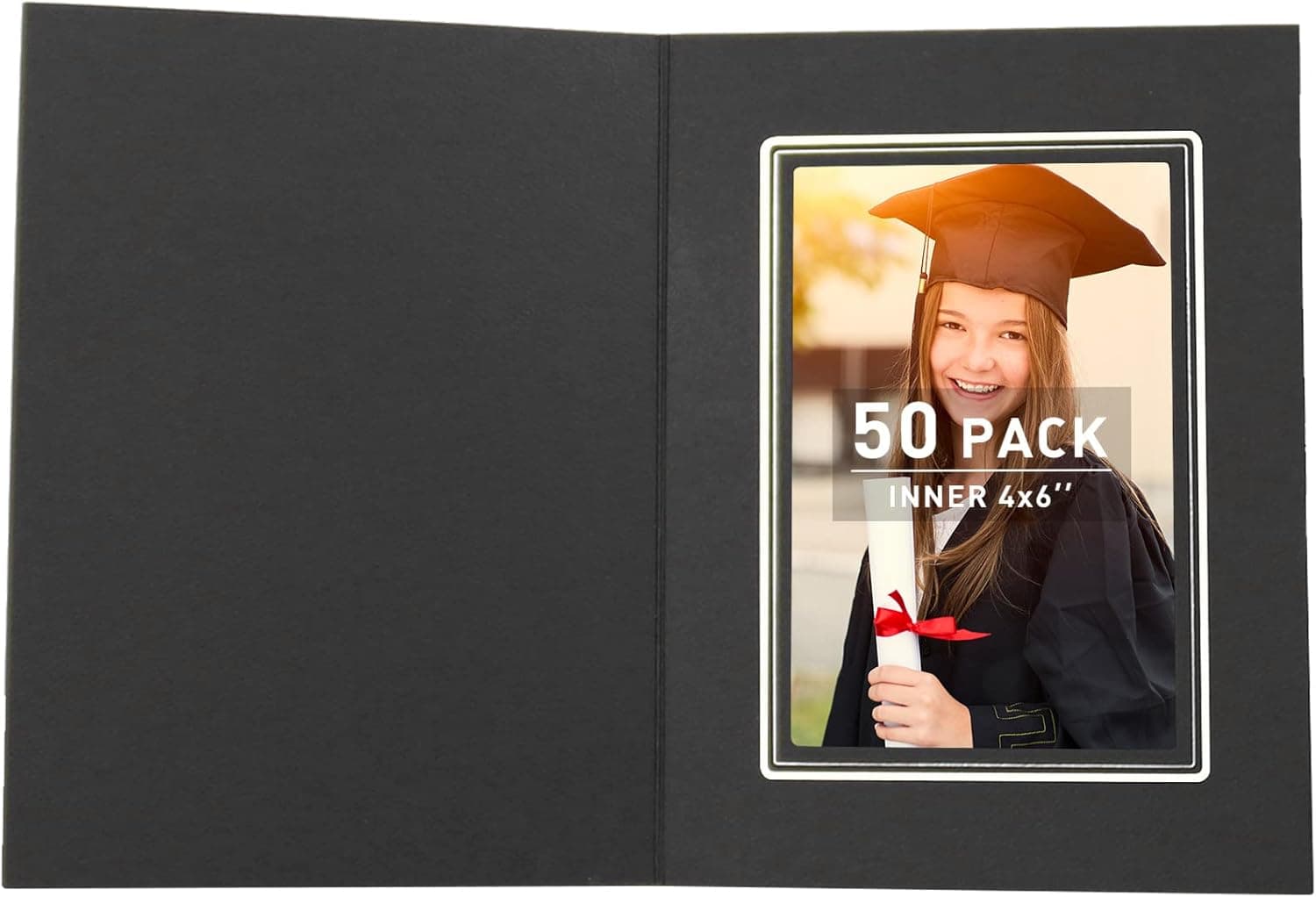 Golden State Art, Pack of 50, 4x6 Photo Folders, Cardboard Picture Frame, Paper Photo Frame Cards, Greetings/Invitation Cards, Special Events: Graduation, Christmas, Wedding(Black with Silver Lining)