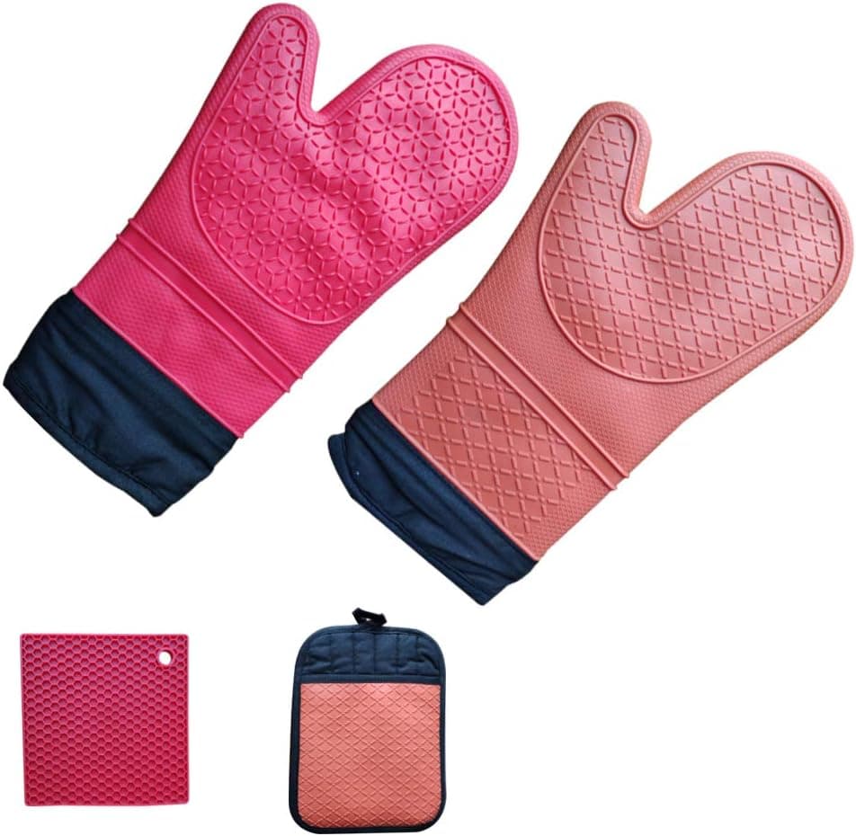 GaWin 4 Pieces Silicone Oven Gloves Baking Gloves Set Red Orange Gloves Durable Glove Set for Baking and Cooking