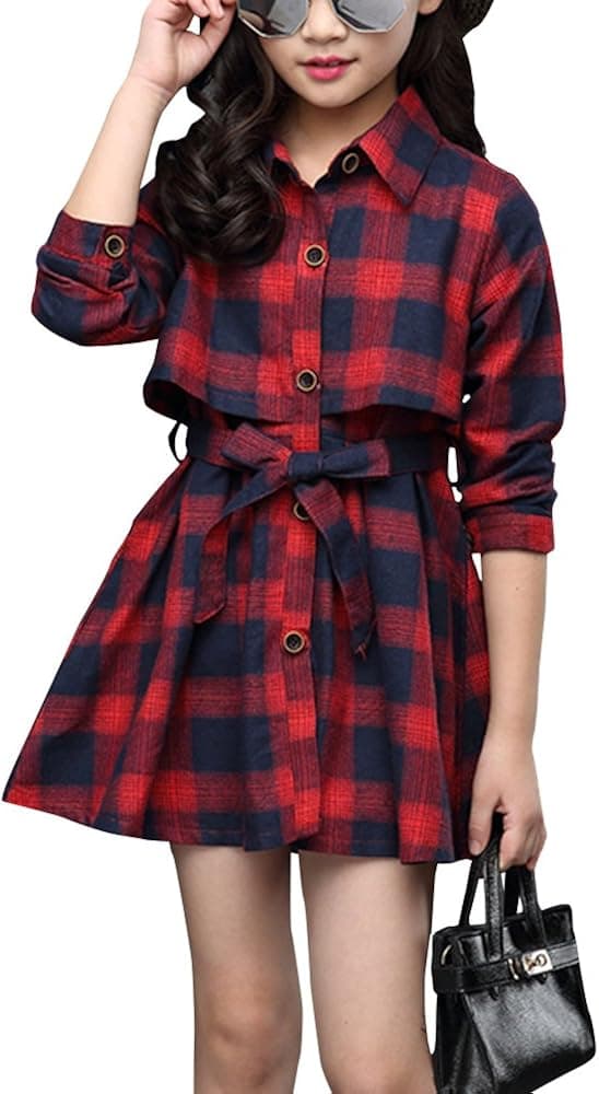Little & Big Girls' Kids Summer Check Plaid Short Sleeve Collar Neck Button Down Casual Shirt Dresses