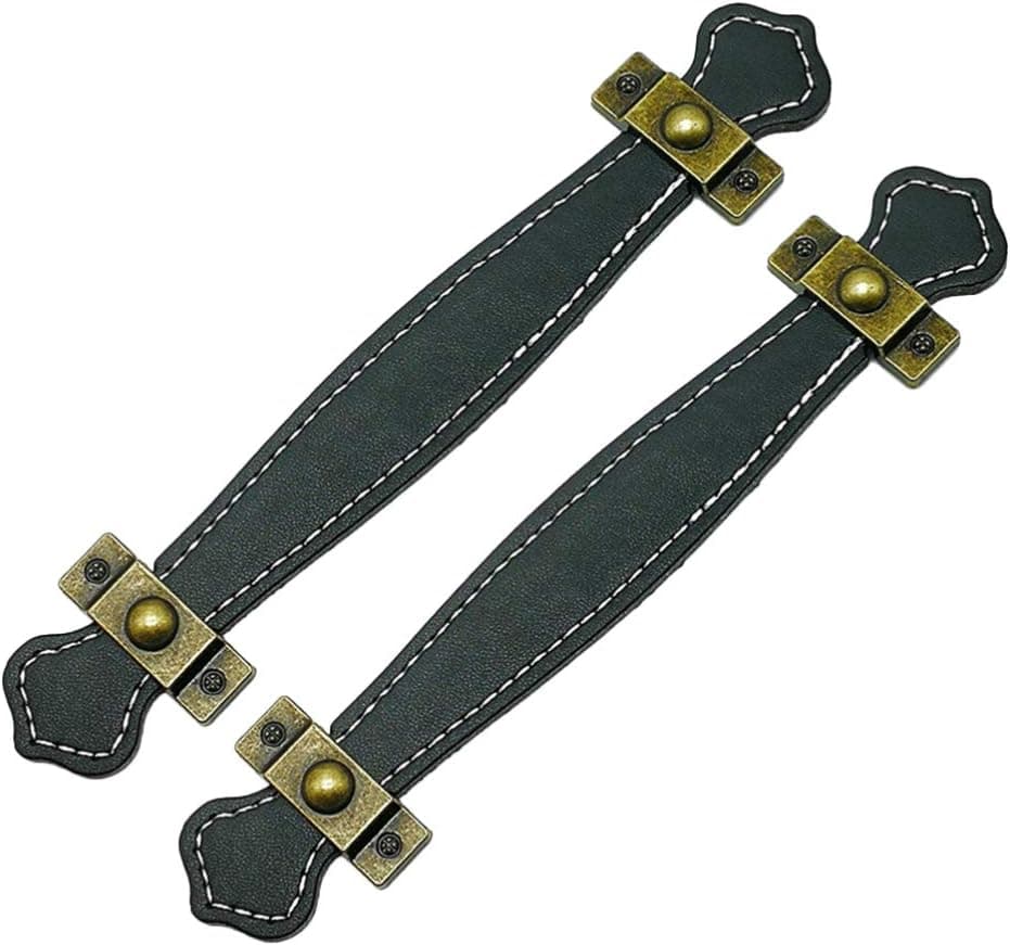 HEALLILY 2PCS PU Zinc Alloy Leather Handle Vintage Style Door Handle Drawer Cabinet Door Handle Trunk Handles(Black)
