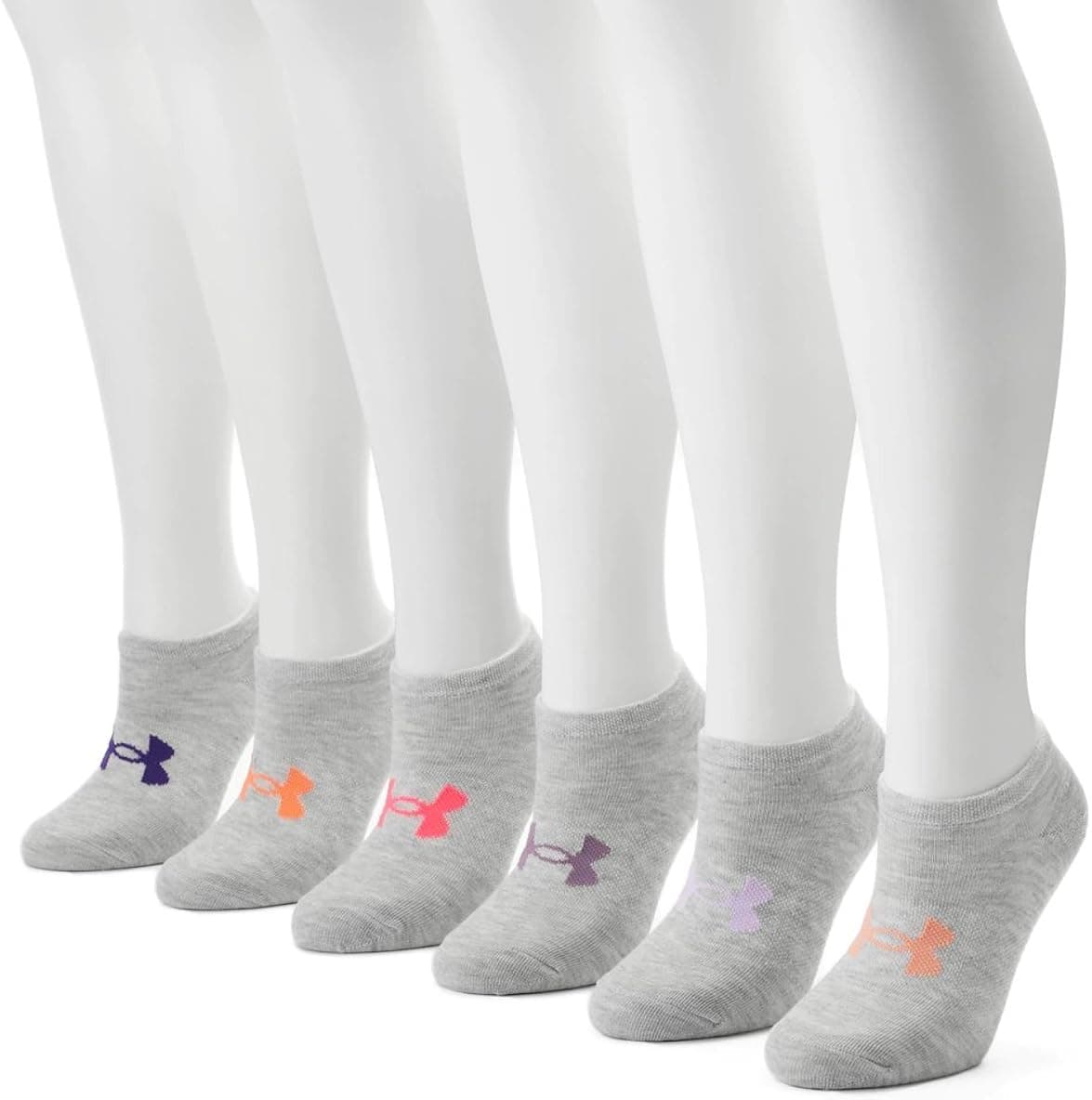 Under Armour Women`s Essential Mix 2.0 No Show 6 Pack Socks (Medium, True Gray (UL398) / Violet/Pink/Light Orange)