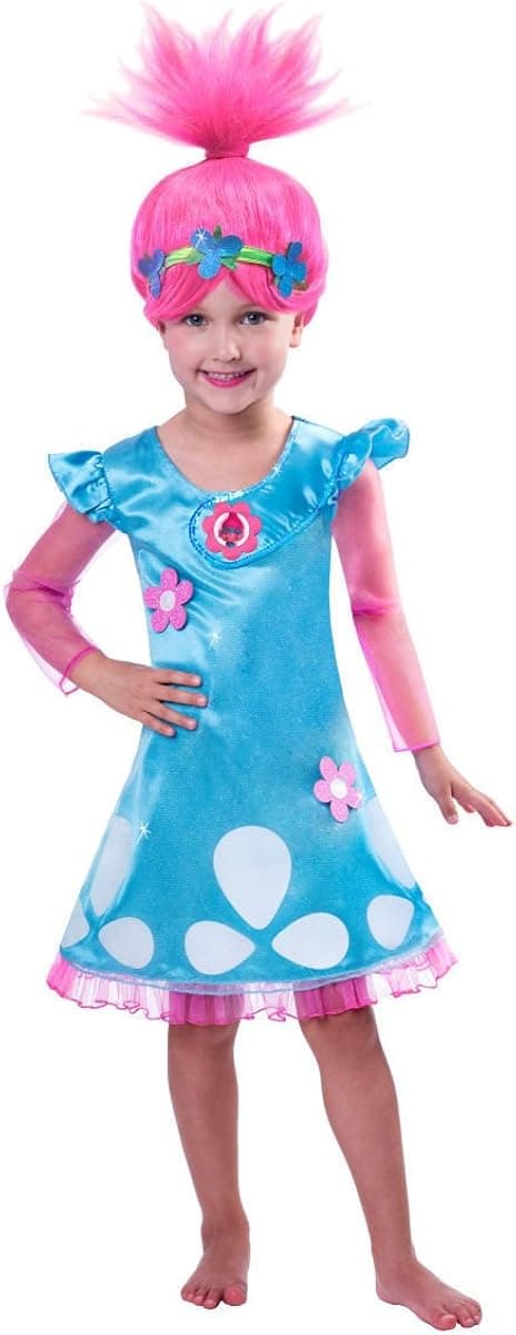 HuangWeida Trolls Girls Costume Trolls Poppy Cosplay Party Birthday Kids Fancy Girl Dress Wig (L(120-130CM)) Blue