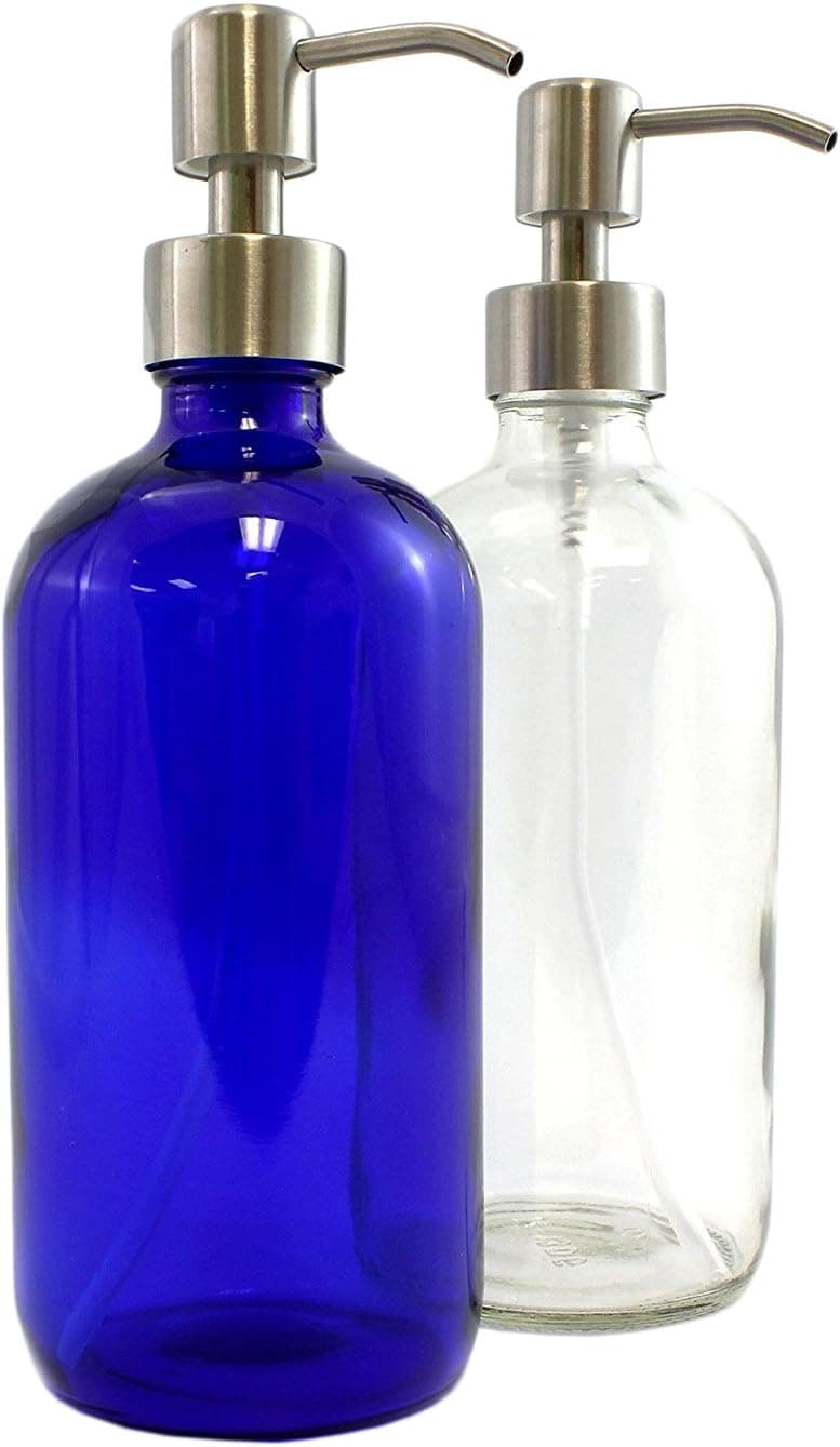Cornucopia Brands Clear & Cobalt Blue 16-Ounce Glass Bottles with Stainless Steel Pump Nozzles Included (2 Pack); Empty Multipurpose Bottles Ideal for Lotion & Liquid Soap