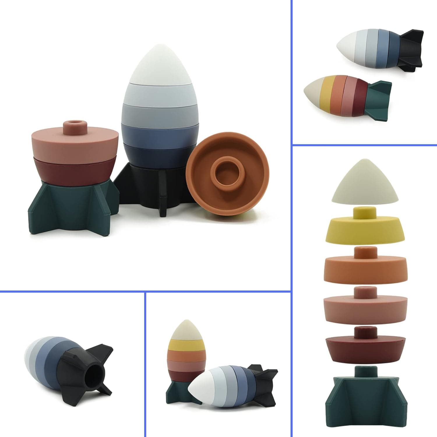 Rosie Bee Silicone Rocket Stacker Toy for Kids, Toddlers, Babies - Baby Teether Toys, Stacking, Nesting, Sorting, Puzzle, Blocks, Travel, Bath, Sensory, Gift, Educational, Montessori