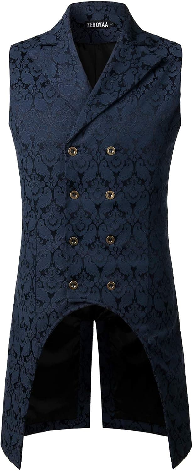 ZEROYAA Mens Gothic Steampunk Double Breasted Jacquard Brocade Vest Waistcoat Sleeveless Tailcoat