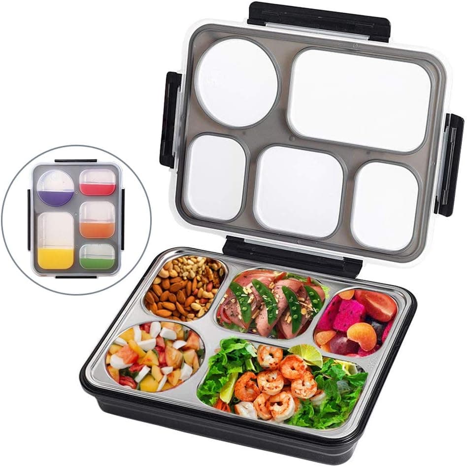 Lunch Bento Box Insulated Stainless Steel Square Food Storage Container Leakproof with Sealed Compartment for Woman Man Work (Black 5 Sealed Compartment)