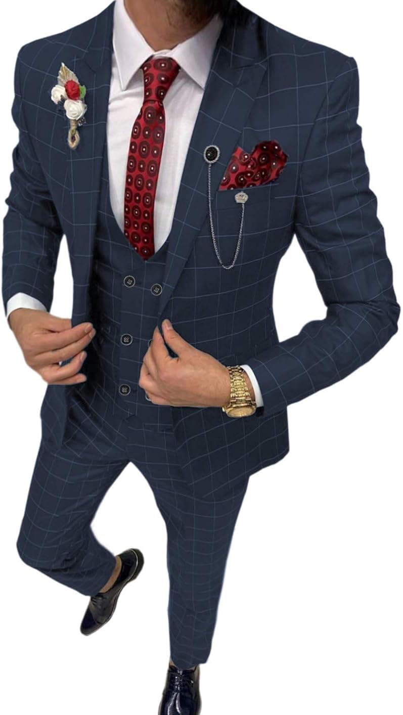 Lovee Tux Men's Plaid Suits 3 Pieces Notch Lapel Wedding Groom Tuxedos Mens Summer Dinner Prom Suits