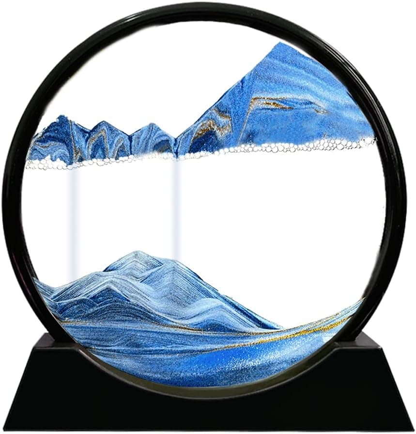 Feilicraft Moving Sand Art Picture Round Glass Frame Sandscapes 3D Deep Sea Display in Motion Dynamic Flowing Grit Photo Hourglass Desktop Art Home Office Decoration Party Gift (7‘’, Blue)