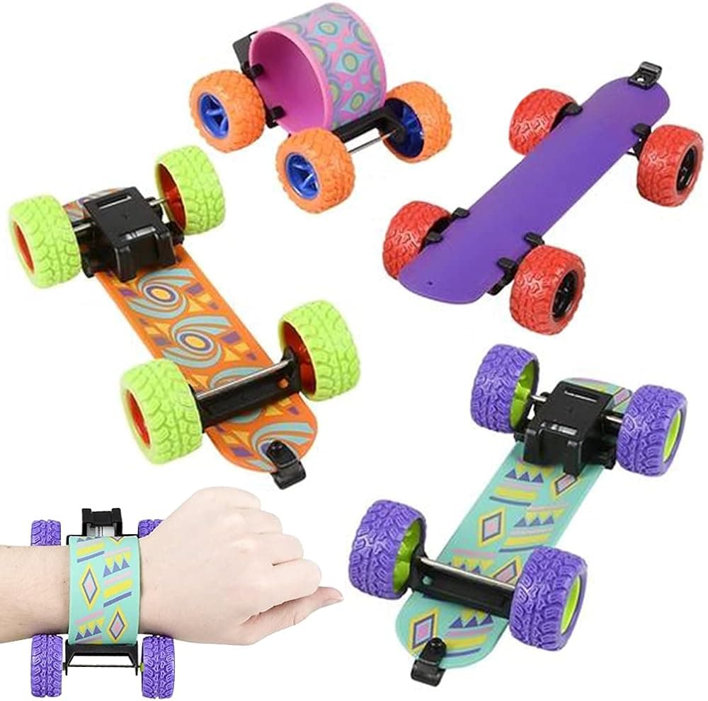ArtCreativity Pull Back Skateboard Slap Bracelets, Set of 4, Skateboard Bracelets for Kids with Pullback Motion, Wristbands for Children in 4 Different Designs, Sports and Skate Board Party Favors