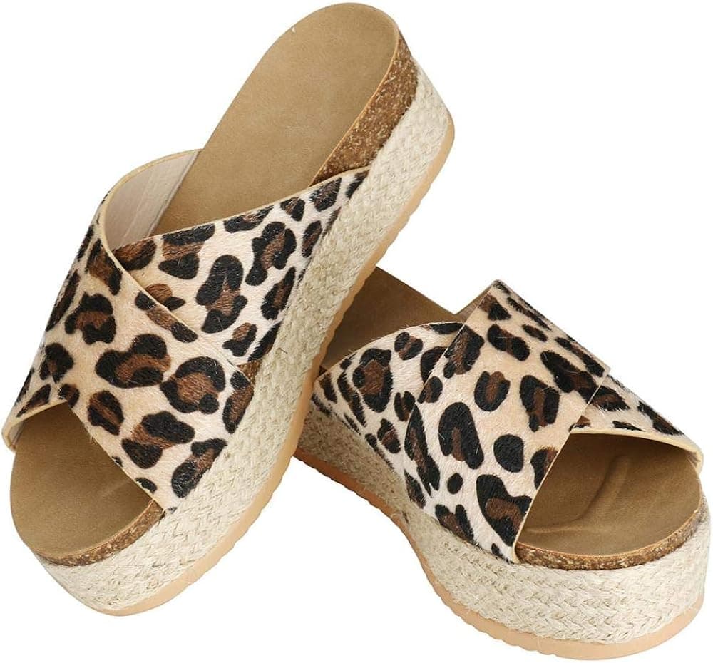 YYW Fashion Women Crisscross Strap Footbed Platform Slide Sandals Summer Beach Slip On Flat Slide Sandals (Leopard Pattern,8)