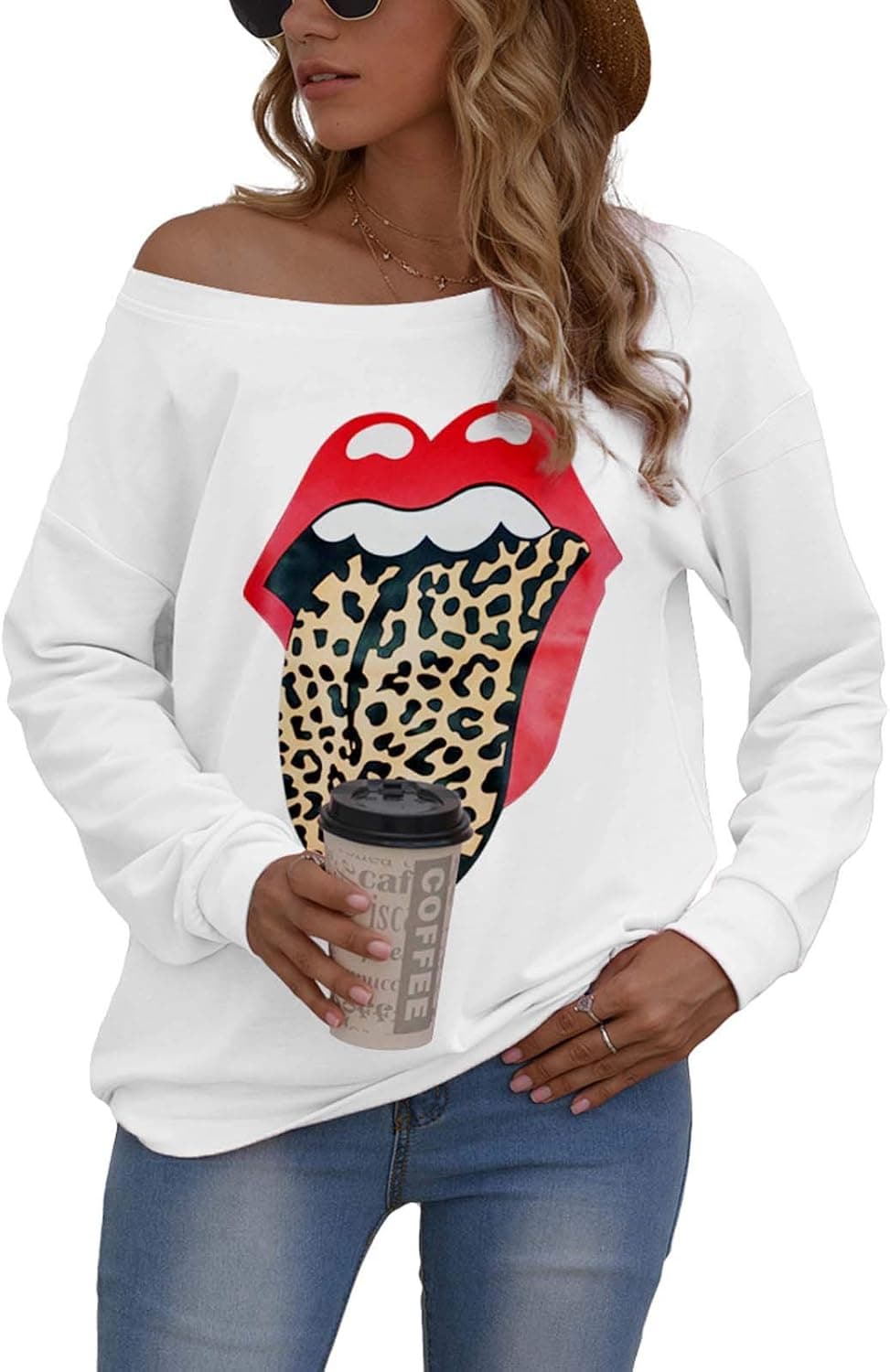 Women Red Lips Leopard Sweatshir Pullover Lightweight Pullover Tops Loose Casual Off The Shoulder Shirt (white, XX-Large)