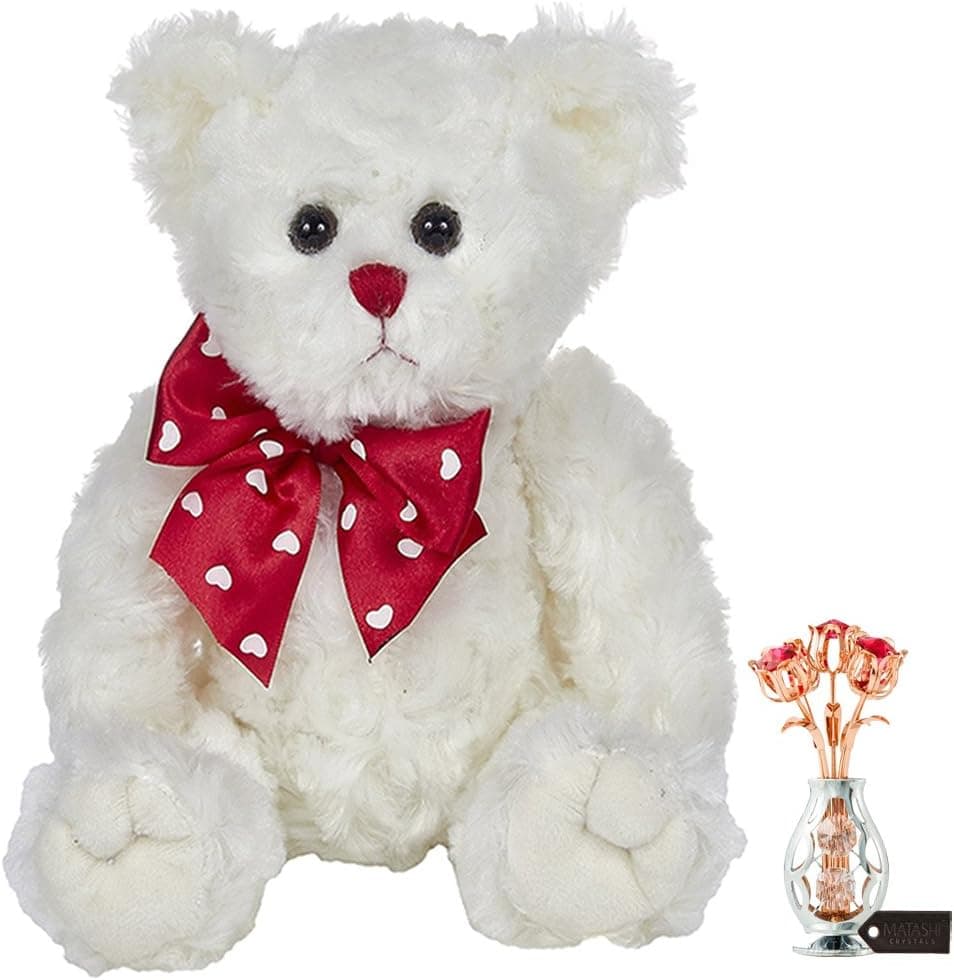 Matashi Rose Gold and Chrome Plated Flowers Bouquet and Vase w/Red & Clear Crystals | Table Top Decorations - Bearington Lil' Lovable Plush Stuffed Animal Teddy Bear, White 11"