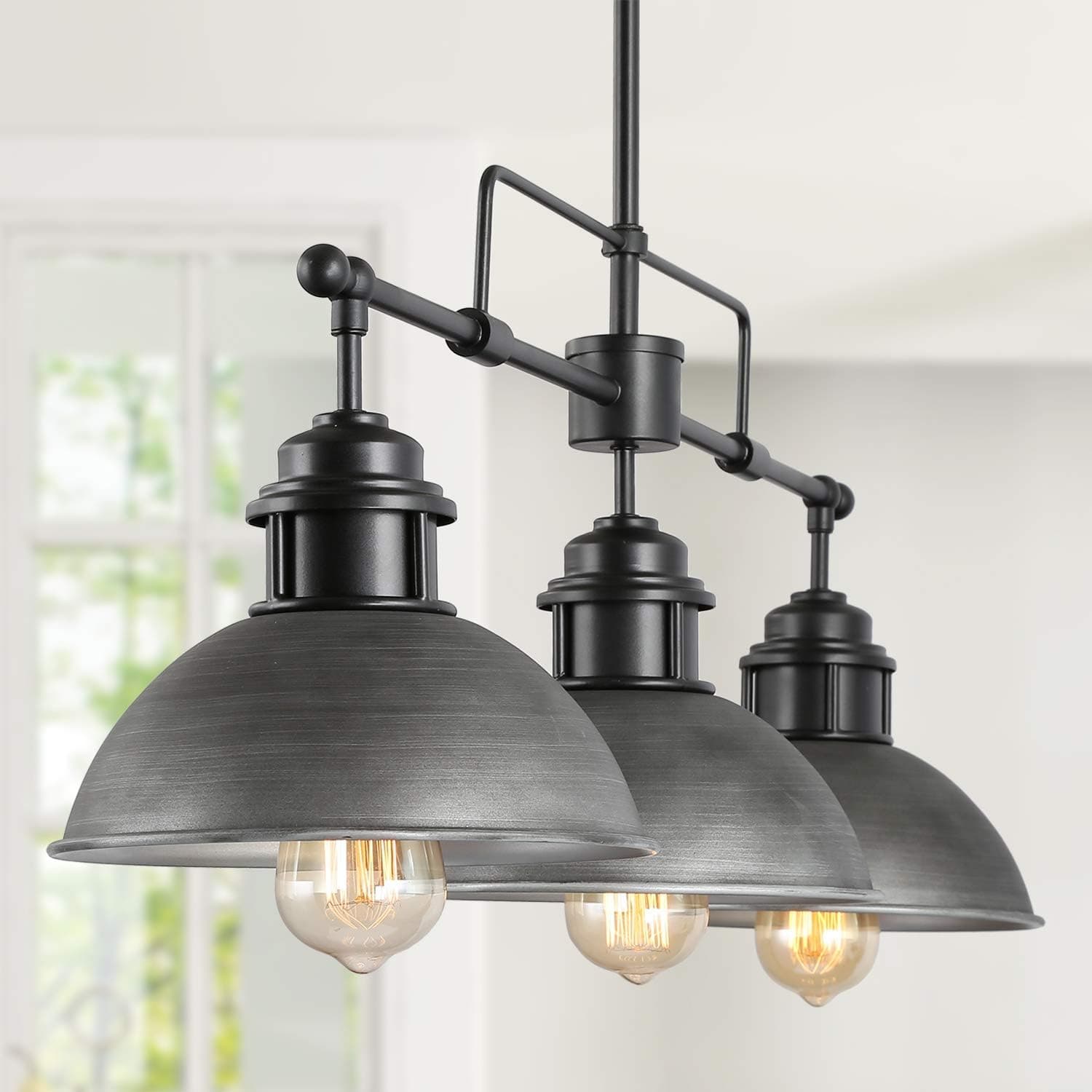 Pool Table Light, 3-Light Rustic Dining Room Lighting Fixtures Hanging, 35.7" Black Farmhouse Pendant Lighting for Kitchen Island, Brushed Dark Silver Finish