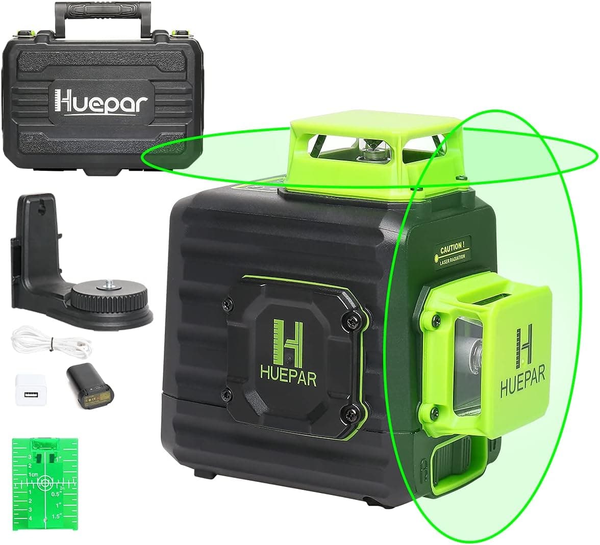 Huepar 2 x 360 Cross Line Self-leveling Laser Level, 360° Green Beam Dual Plane Leveling and Alignment Laser Tool, Li-ion Battery with Type-C Charging Port & Hard Carry Case Included - B02CG
